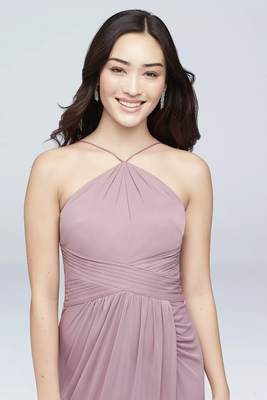 Y-Neck Mesh Bridesmaid Dress with Pleated Waist Image 3