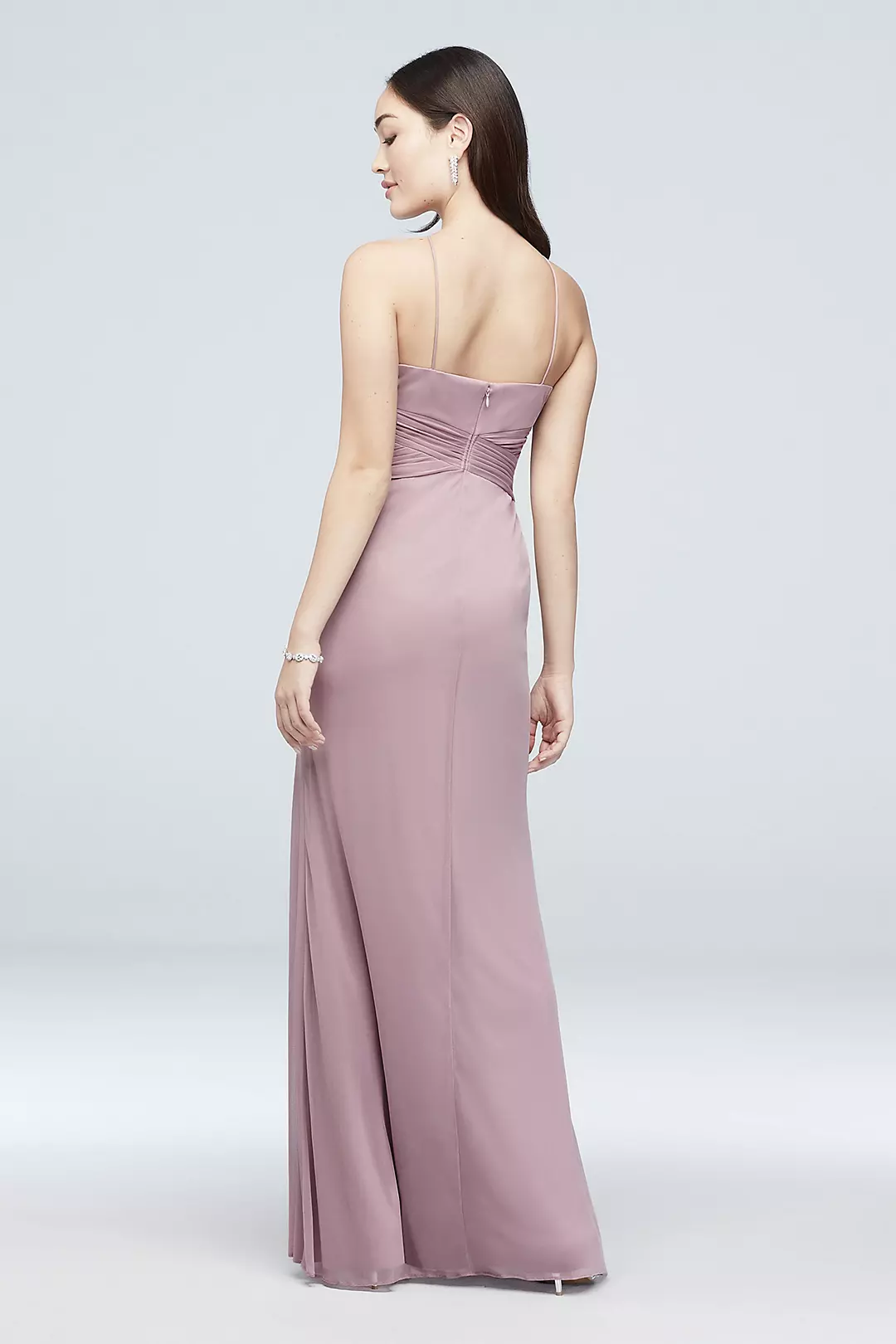 Y-Neck Mesh Bridesmaid Dress with Pleated Waist Image 2