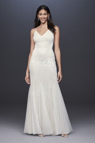 Beaded Sheath V-Neck Dress with Godets