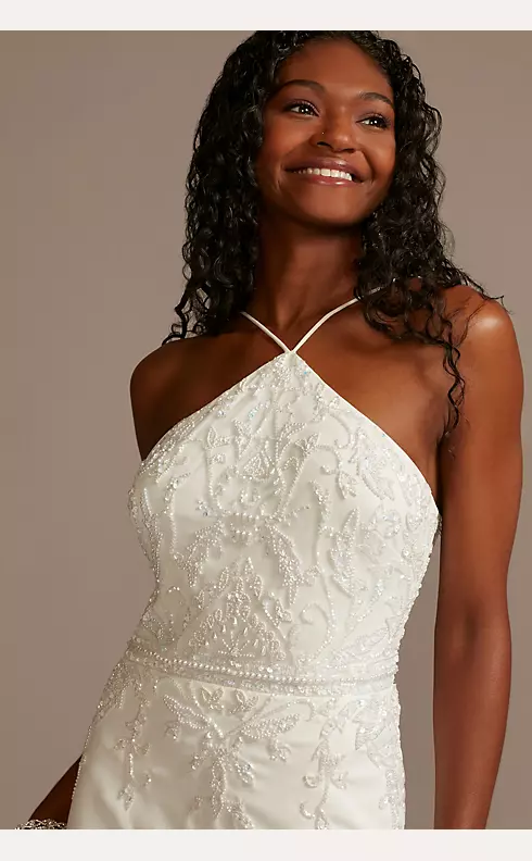 Beaded Sheath Wedding Dress With Halter Neckline And Open Back