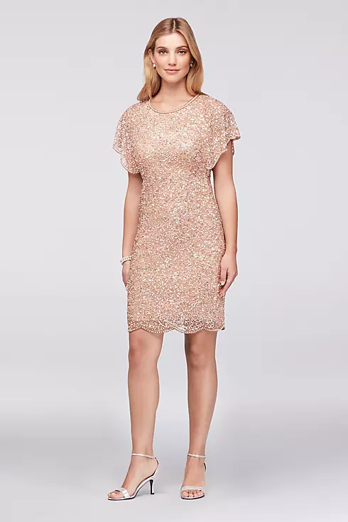 Short Beaded Dress with Scalloped Flutter Sleeves Image 1