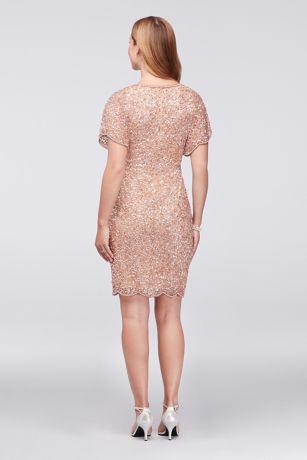 sequin beaded cocktail dress with flutter sleeves and scallop trim