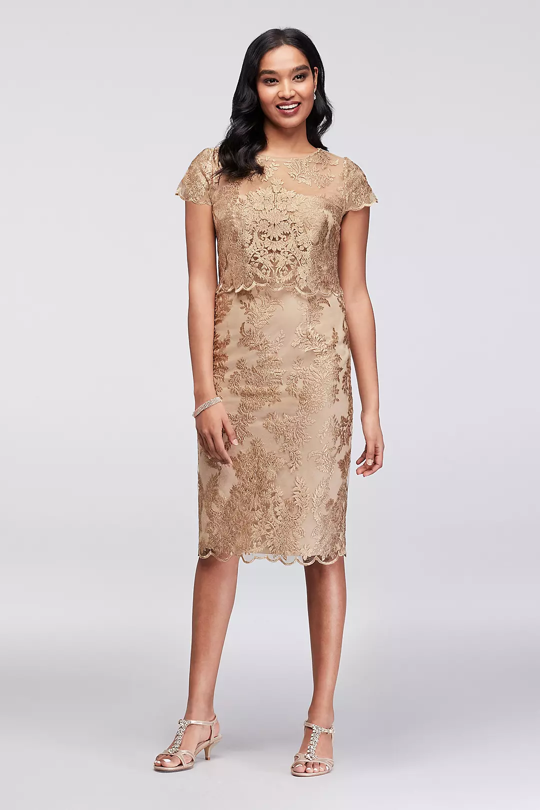 Short Metallic Lace Illusion Popover Dress  Image