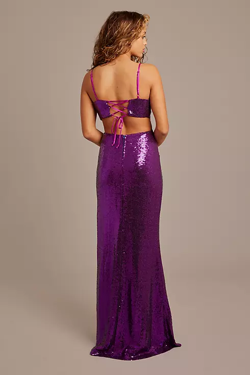 Sequin V-Neck Sheath Dress with Lace-Up Back Image 2