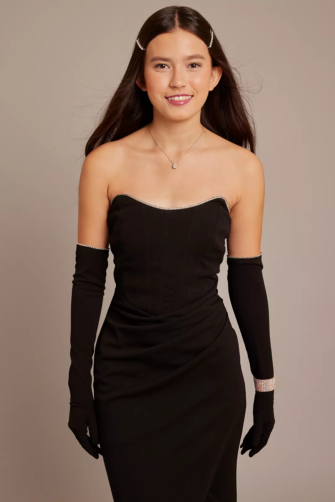 Strapless Draped Crepe Gown with Matching Gloves Image 3
