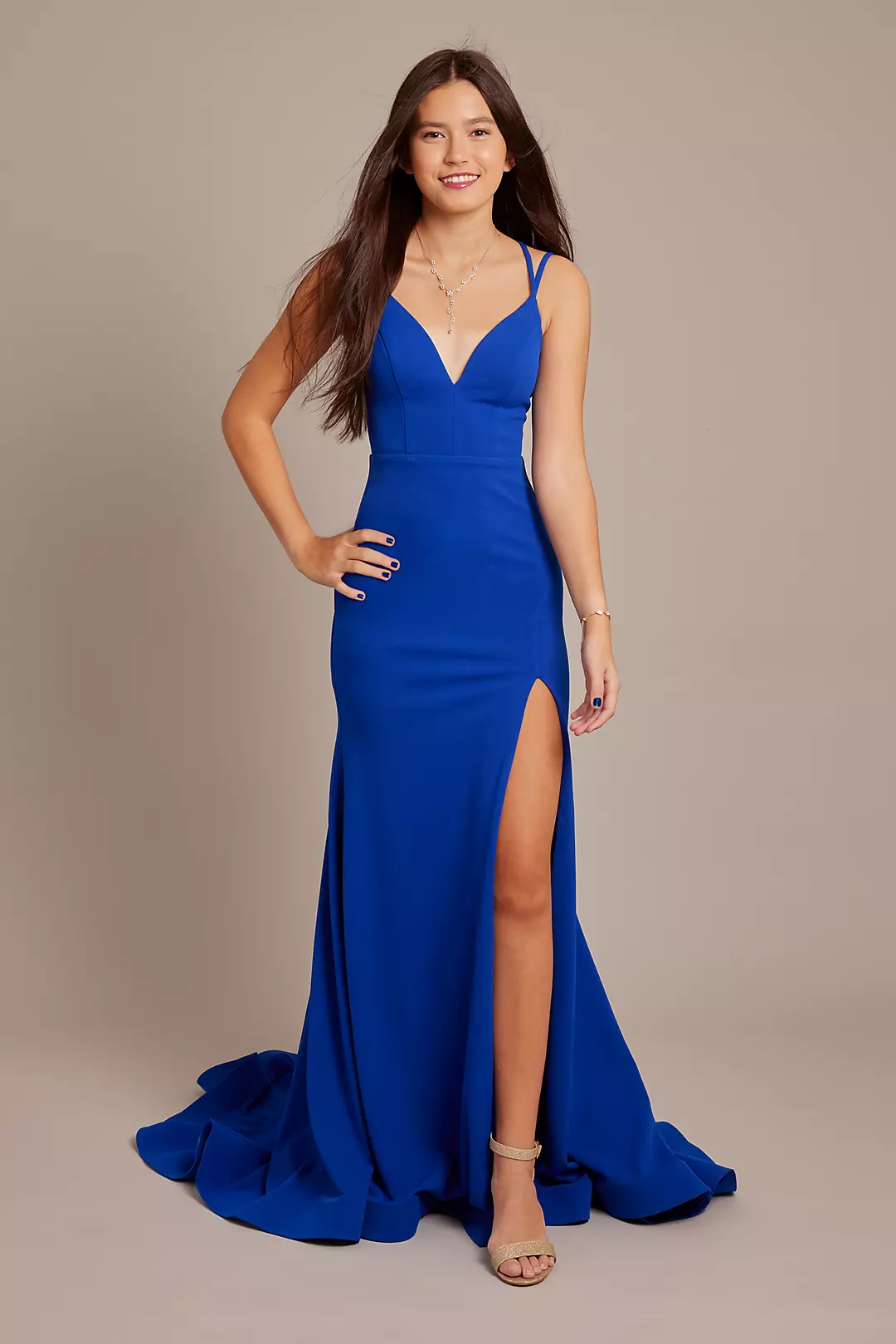 Crepe V-Neck Mermaid Gown with Lace-Up Back Image 1