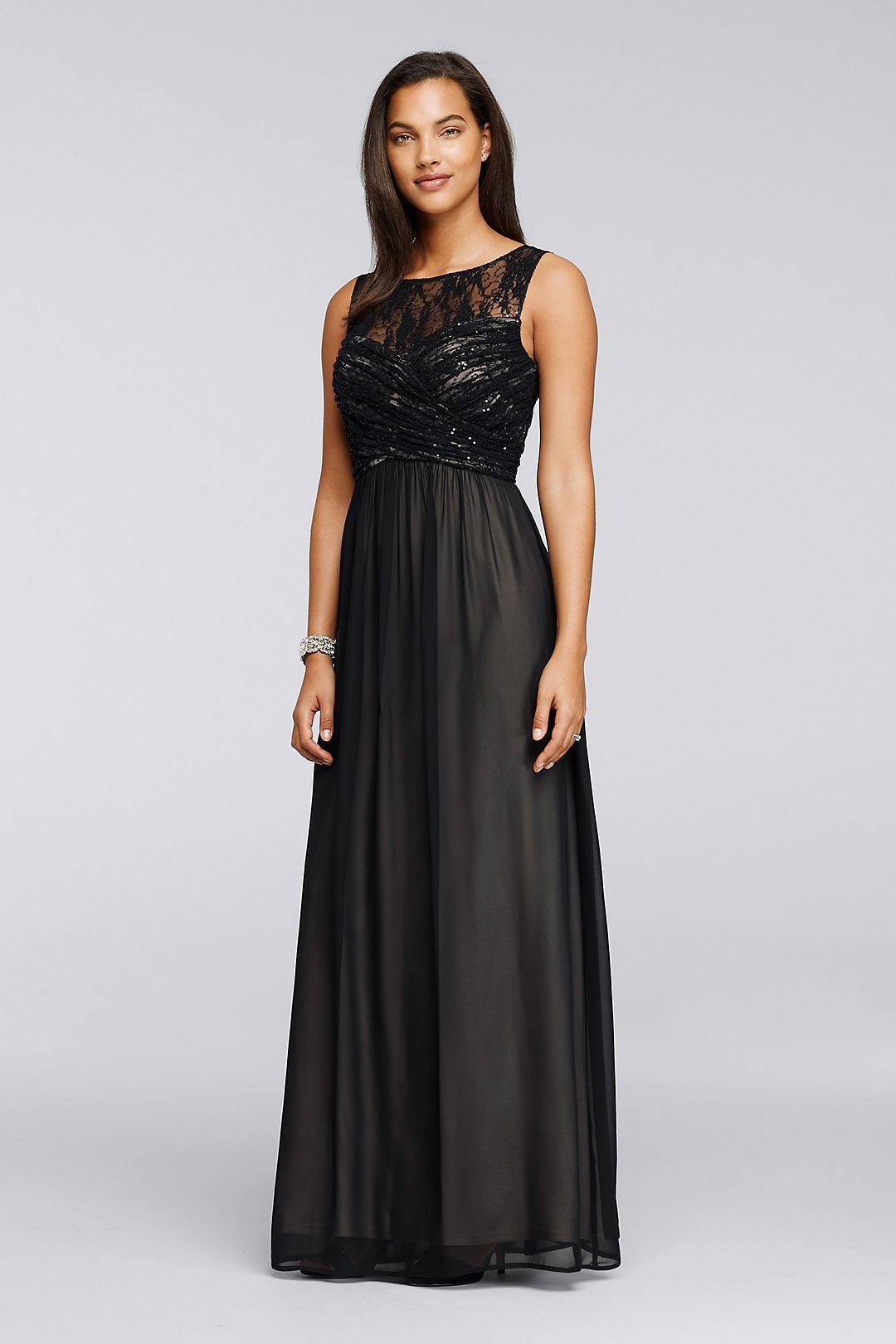Ruched Long Dress with Illusion Neckline Image