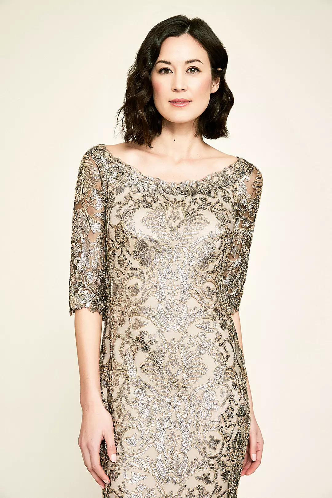Jemison Sequin Embroidered Elbow Sleeve Gown | David's Bridal Jemison Sequin Embroidered Elbow Sleeve Gown | David's Bridal