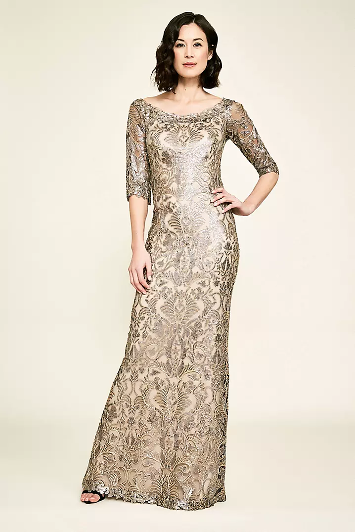 Jemison Sequin Embroidered Elbow Sleeve Gown | David's Bridal Jemison Sequin Embroidered Elbow Sleeve Gown | David's Bridal