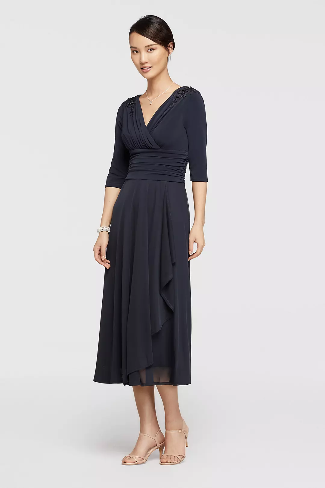 3/4 Sleeve Short Jersey Dress with Shirred Waist Image