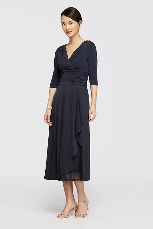 3/4 Sleeve Short Jersey Dress with Shirred Waist Image 1