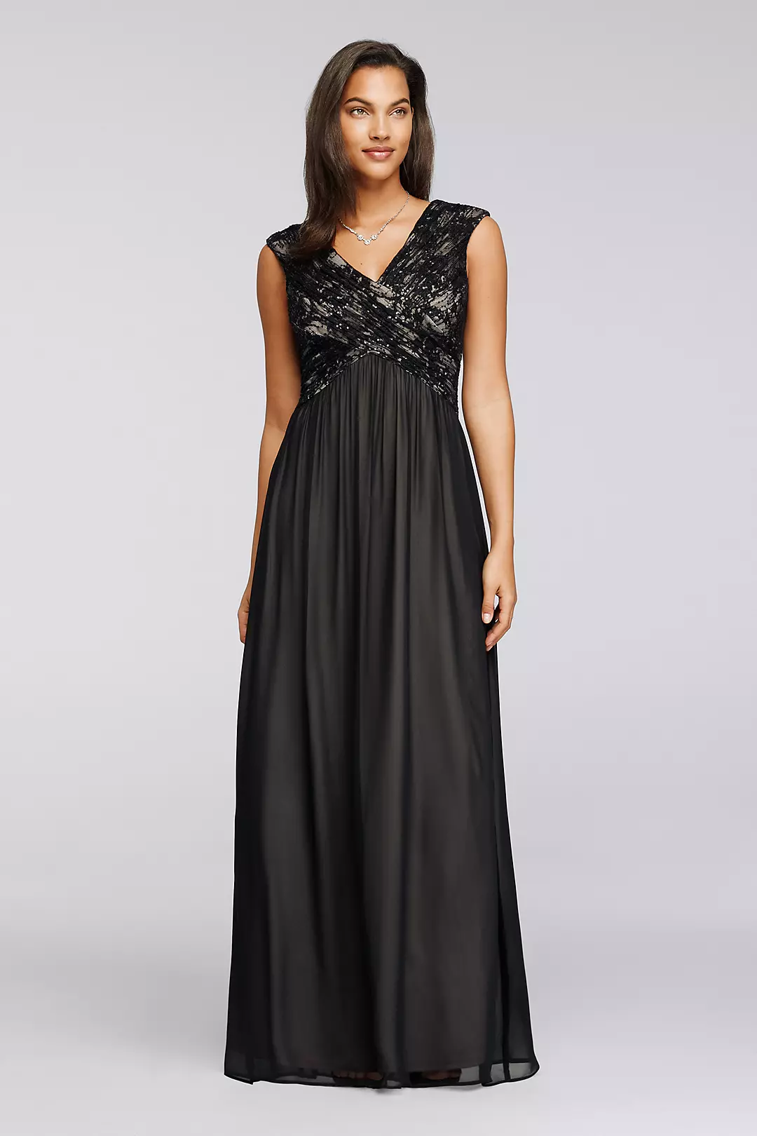 Long Lace Gown with Embellished Sequin Bodice Image