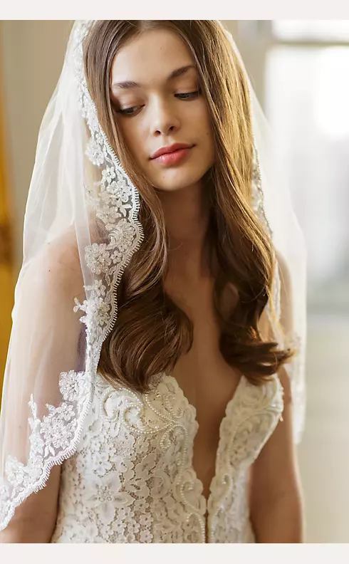 Scalloped Alencon Lace-Trimmed Veil with Comb Image 2