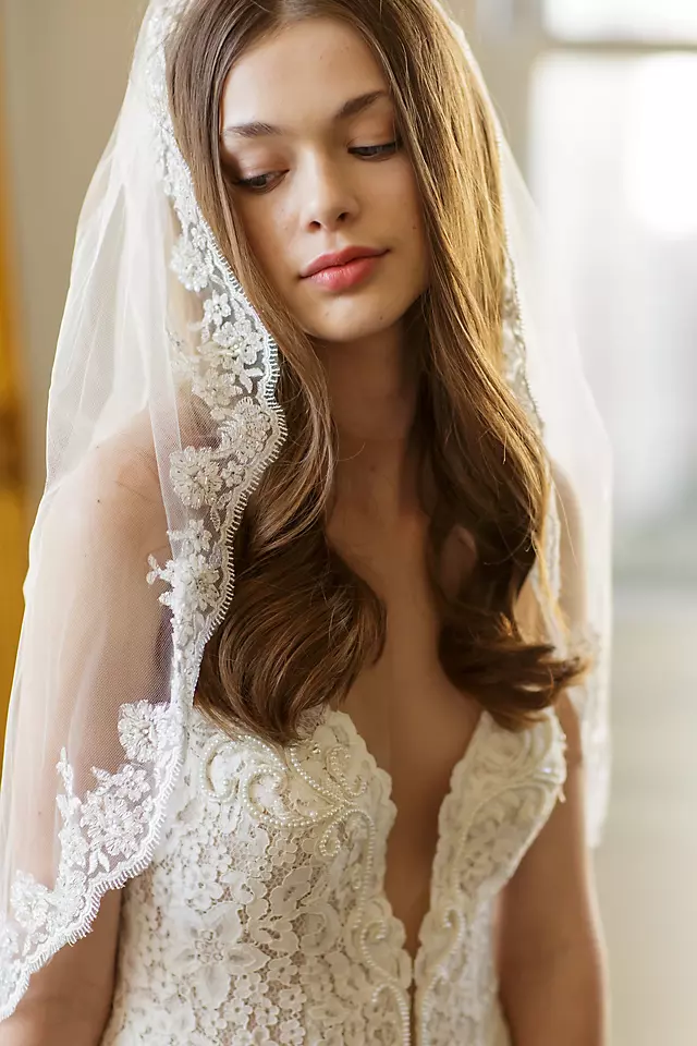 Scalloped Alencon Lace-Trimmed Veil with Comb Image 2