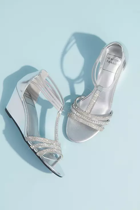 Metallic Wedge T-Strap Sandals with Tonal Crystals Image 1