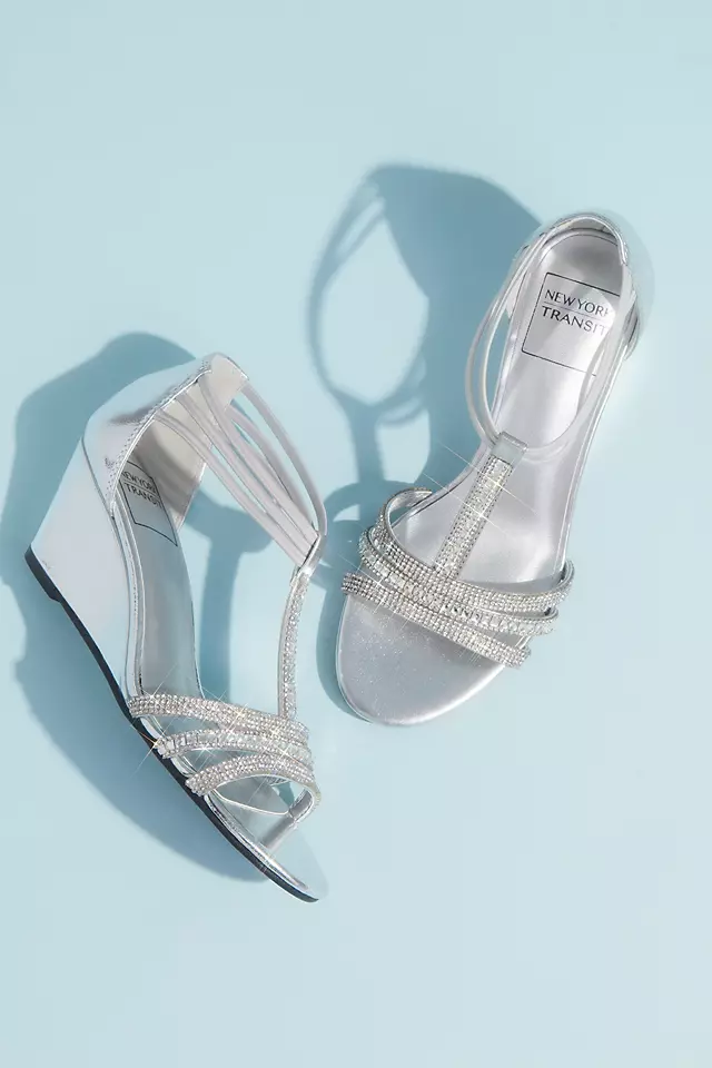 Metallic Wedge T-Strap Sandals with Tonal Crystals Image