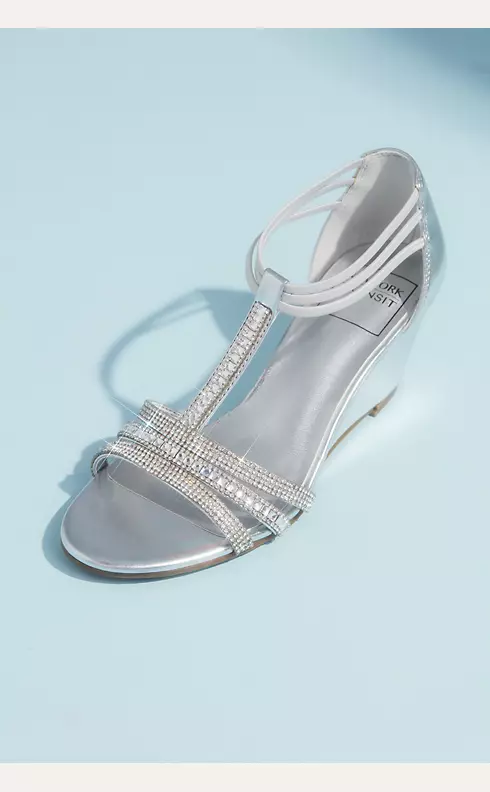 Metallic Wedge T-Strap Sandals with Tonal Crystals Image 2
