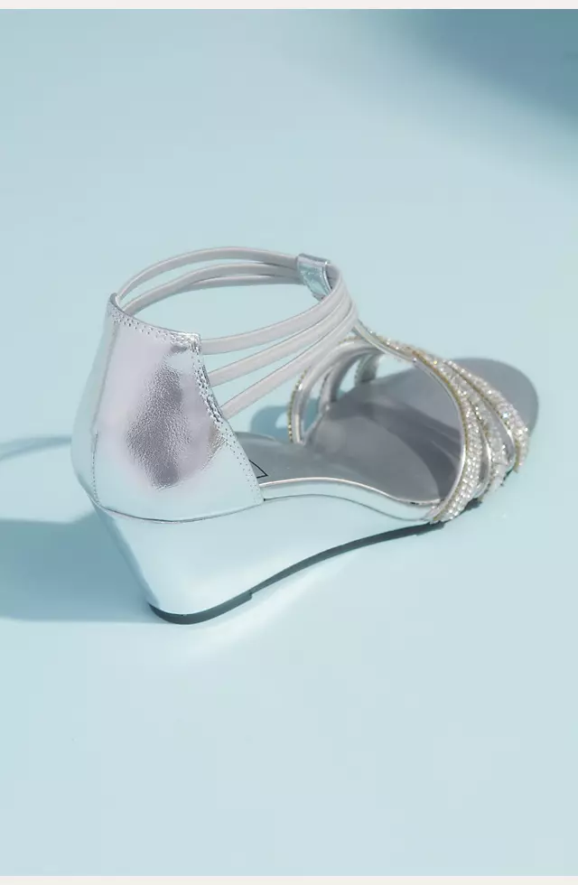 Metallic Wedge T-Strap Sandals with Tonal Crystals Image 3