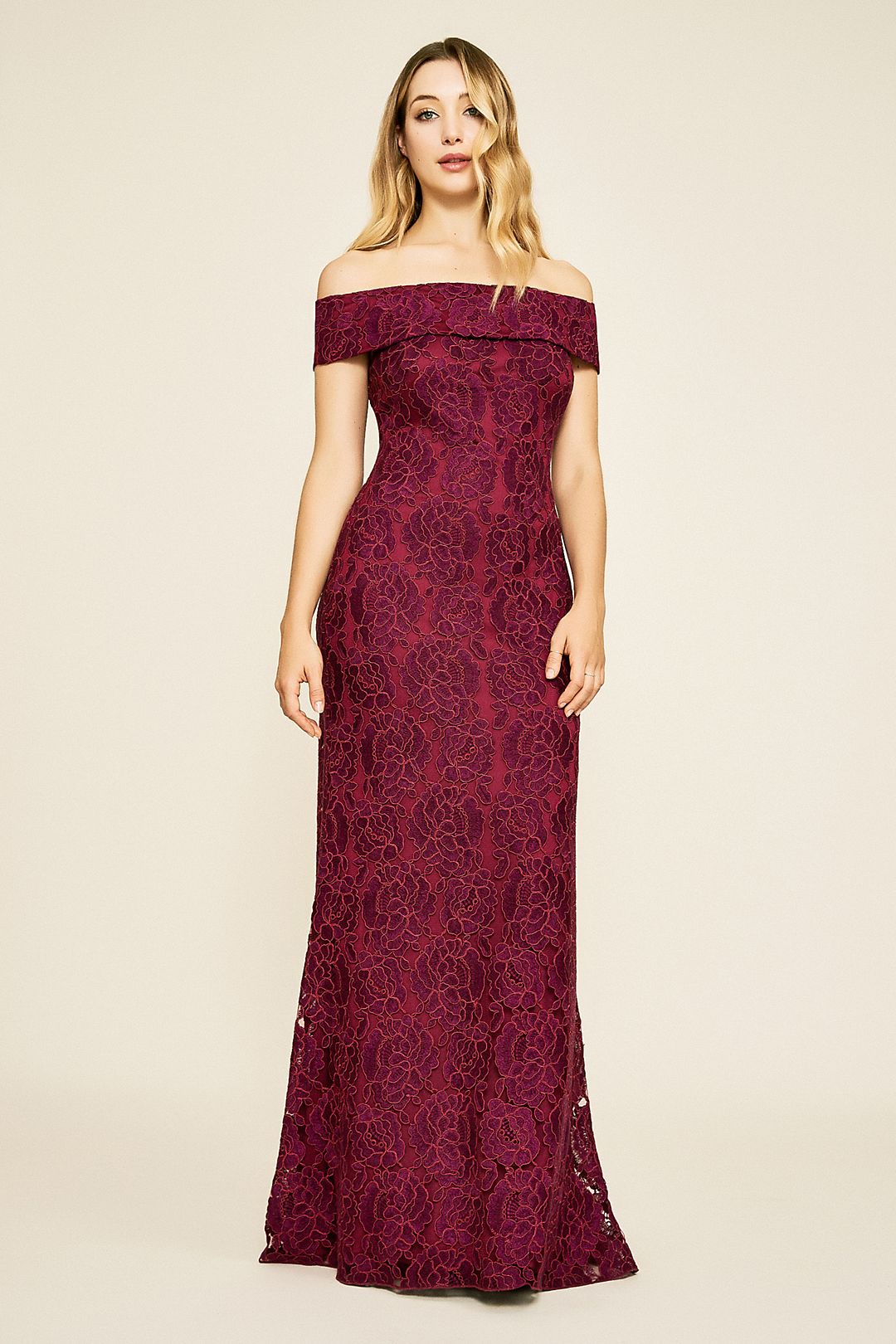 Sangria Embroidered Lace Off-the-Shoulder Gown Image 4