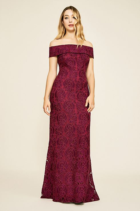 Sangria Embroidered Lace Off-the-Shoulder Gown Image