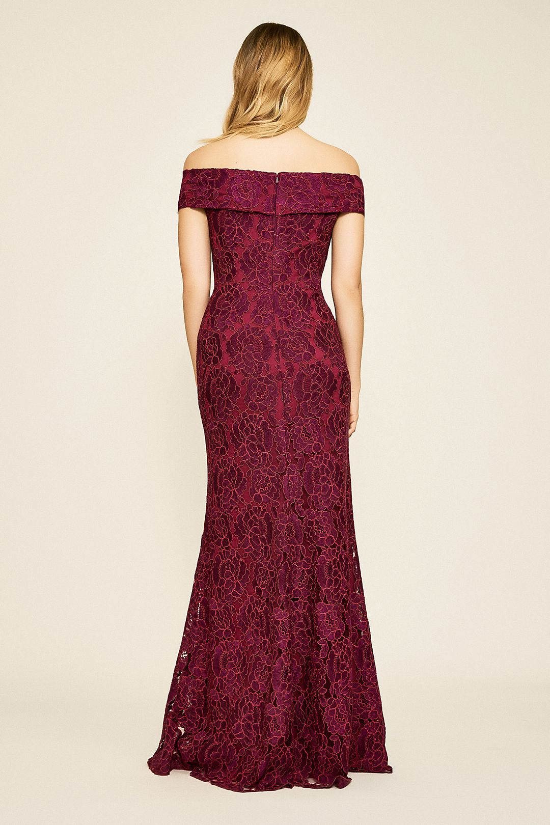Sangria Embroidered Lace Off-the-Shoulder Gown Image 4