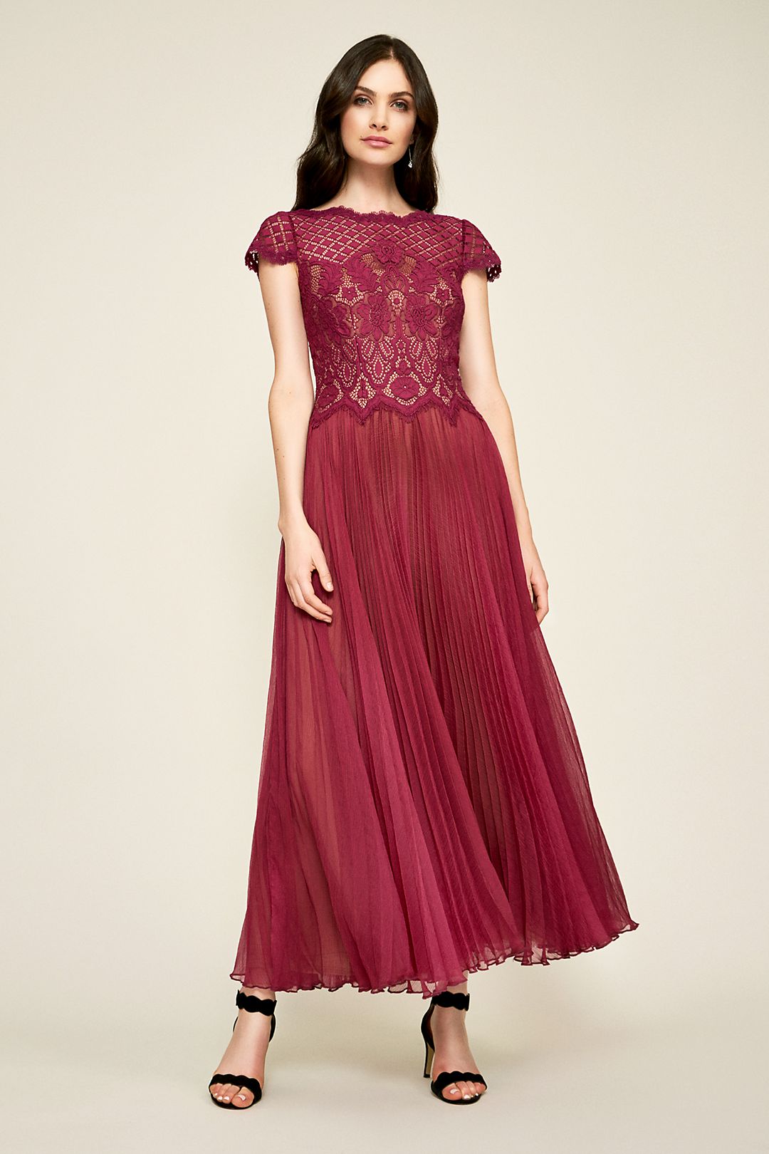 Pleated Tea-Length Chiffon Dress with Lace Bodice Image 1
