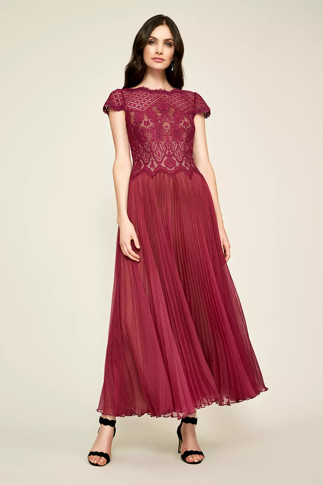 Pleated Tea-Length Chiffon Dress with Lace Bodice Image