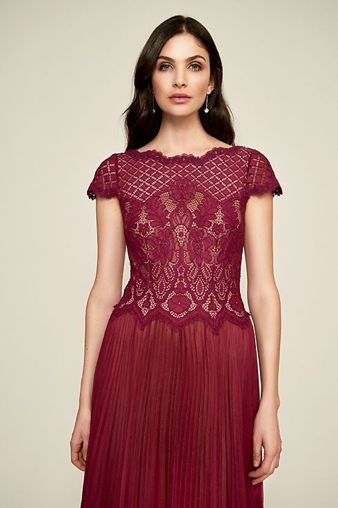 Pleated Tea-Length Chiffon Dress with Lace Bodice Image 3