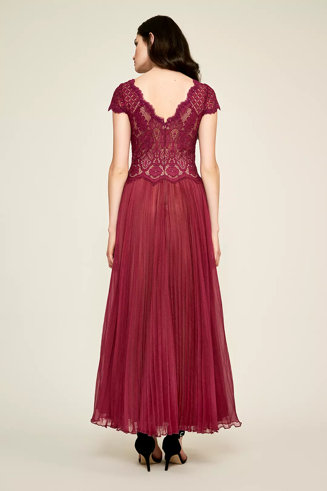 Pleated Tea-Length Chiffon Dress with Lace Bodice Image 2