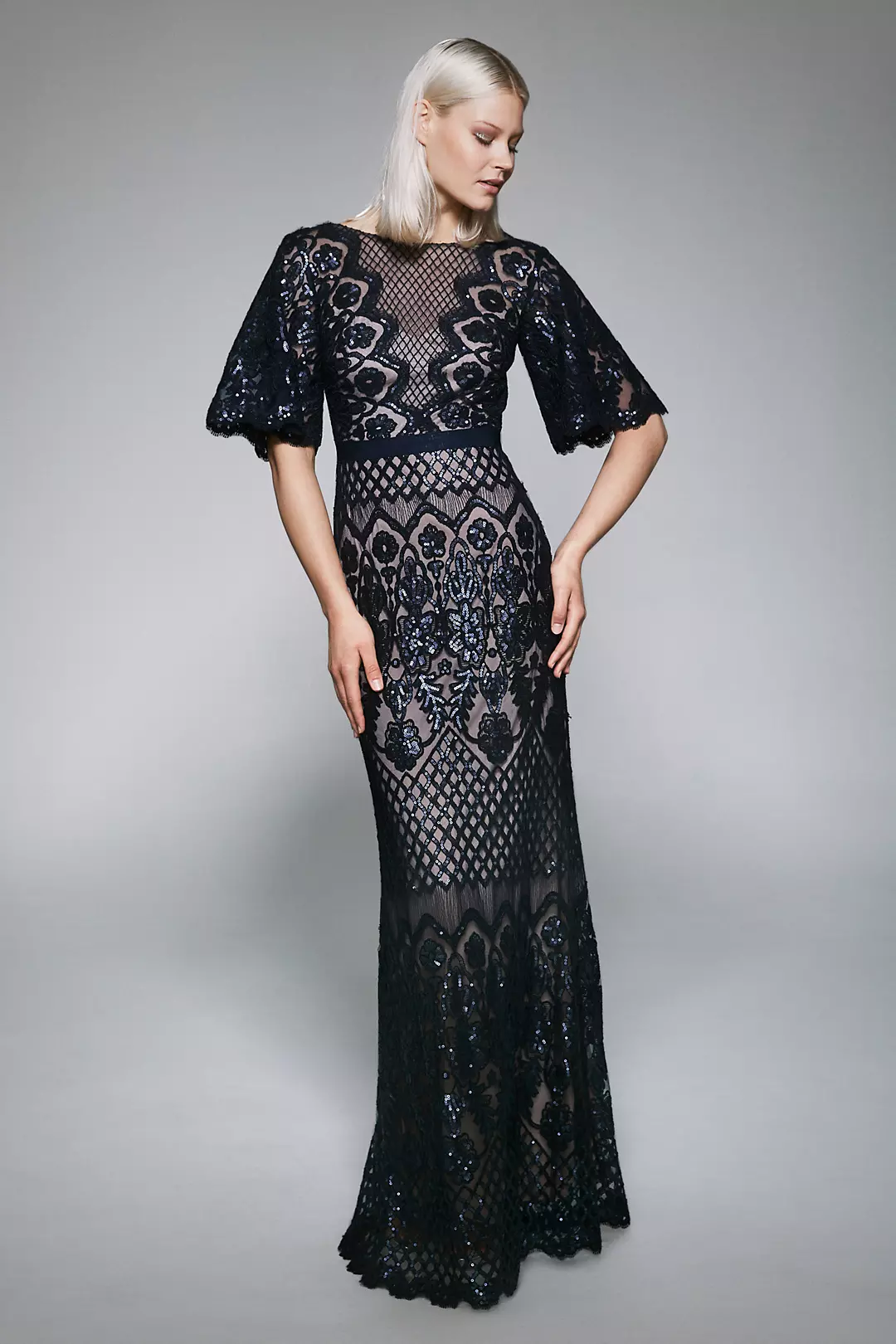 Swigert Elbow-Sleeve Sequin Lace Sheath Gown Image