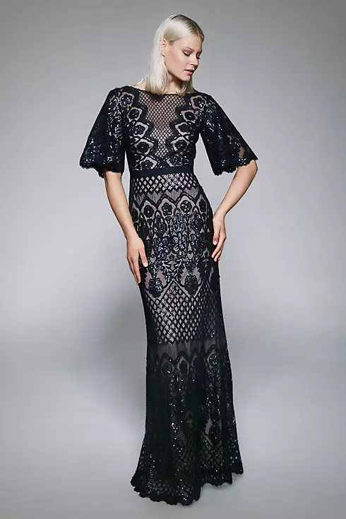 Swigert Elbow-Sleeve Sequin Lace Sheath Gown Image 1