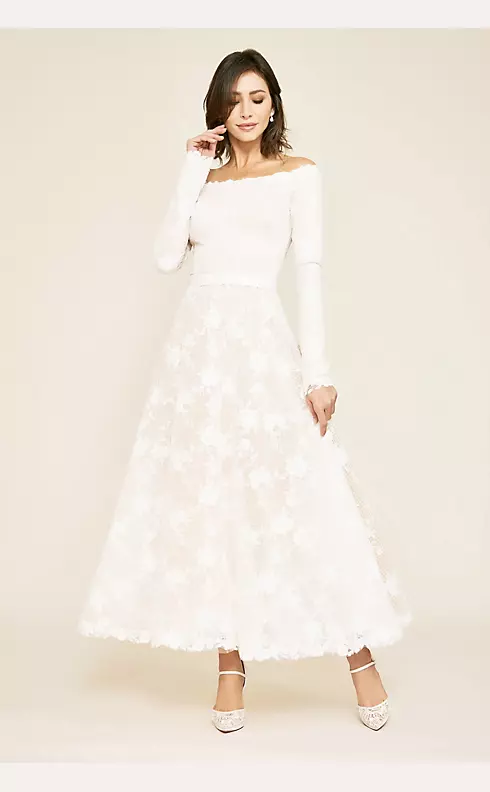 Long Sleeve Floral Lace Tea-Length Wedding Dress