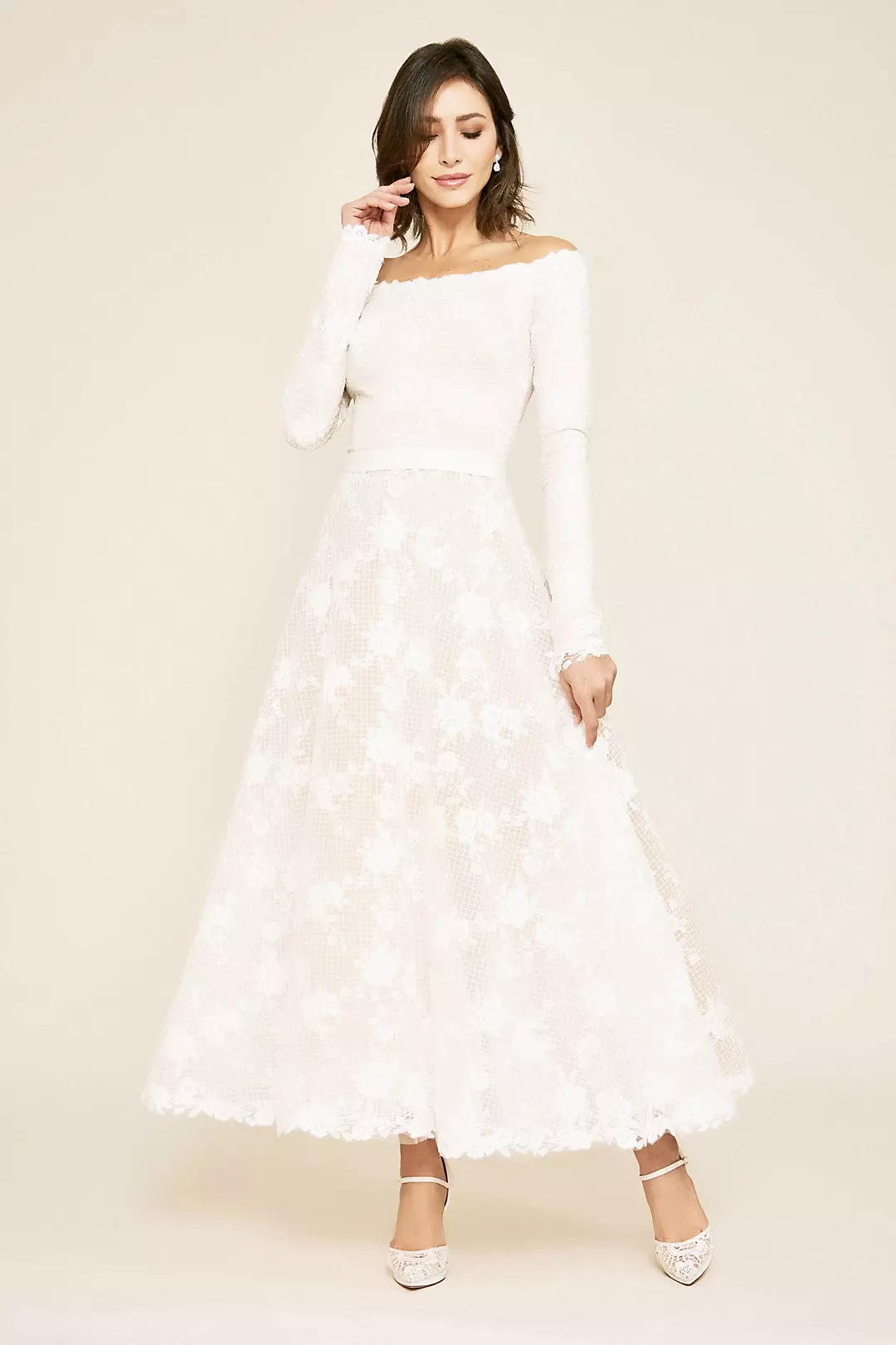 Long Sleeve Floral Lace Tea-Length Wedding Dress Image