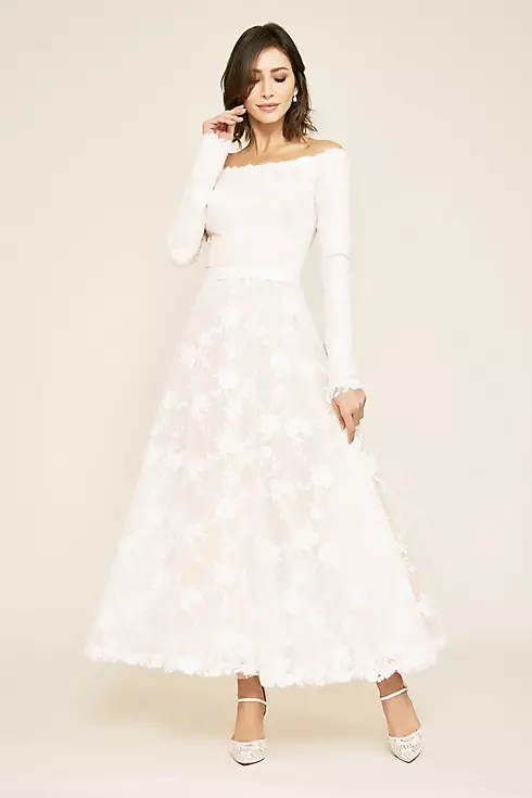 Long Sleeve Floral Lace Tea-Length Wedding Dress Image 1