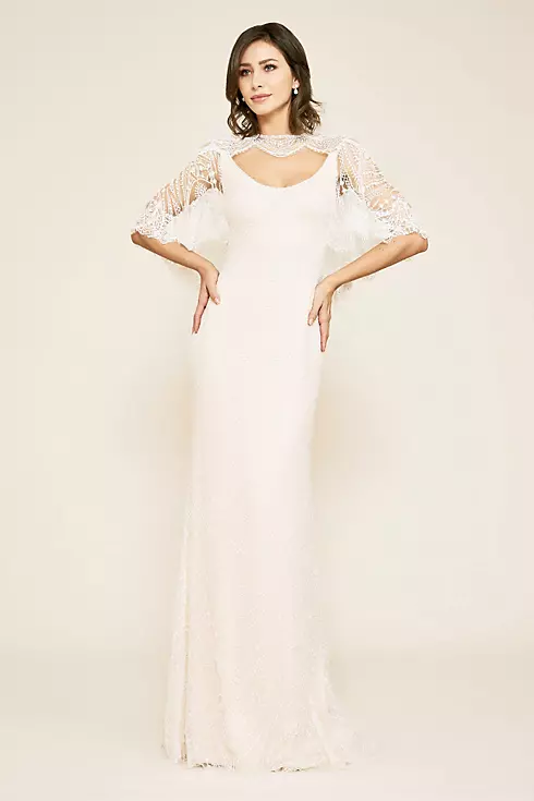 Elbow Sleeve Sheath Wedding Dress with Beading Image 1
