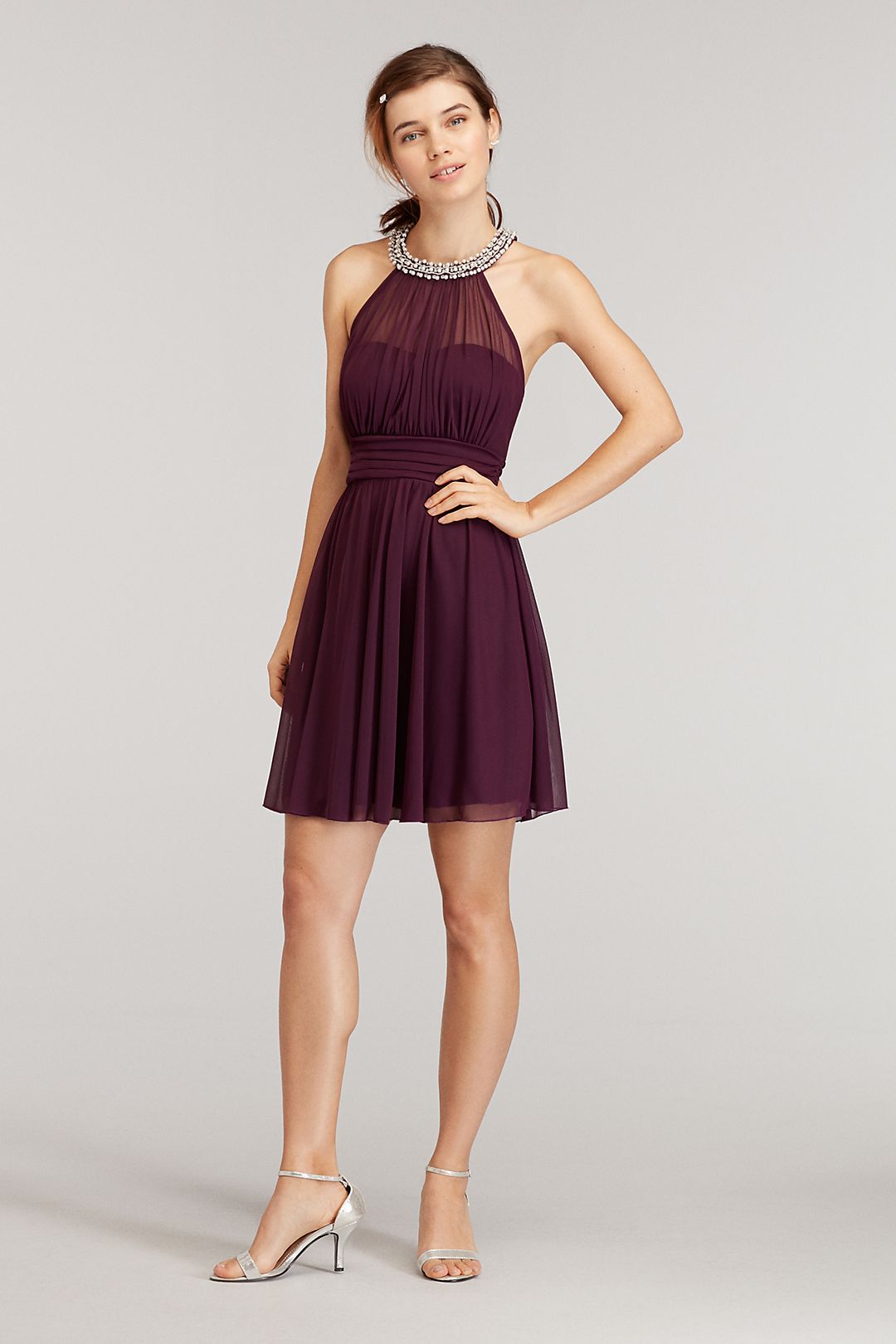 Pearl Trimed Halter Dress with Illusion Neckline Image 1