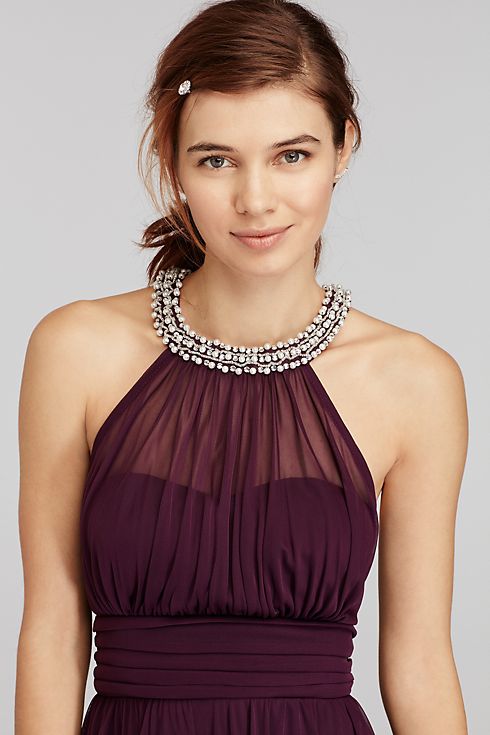 Pearl Trimed Halter Dress with Illusion Neckline Image 3