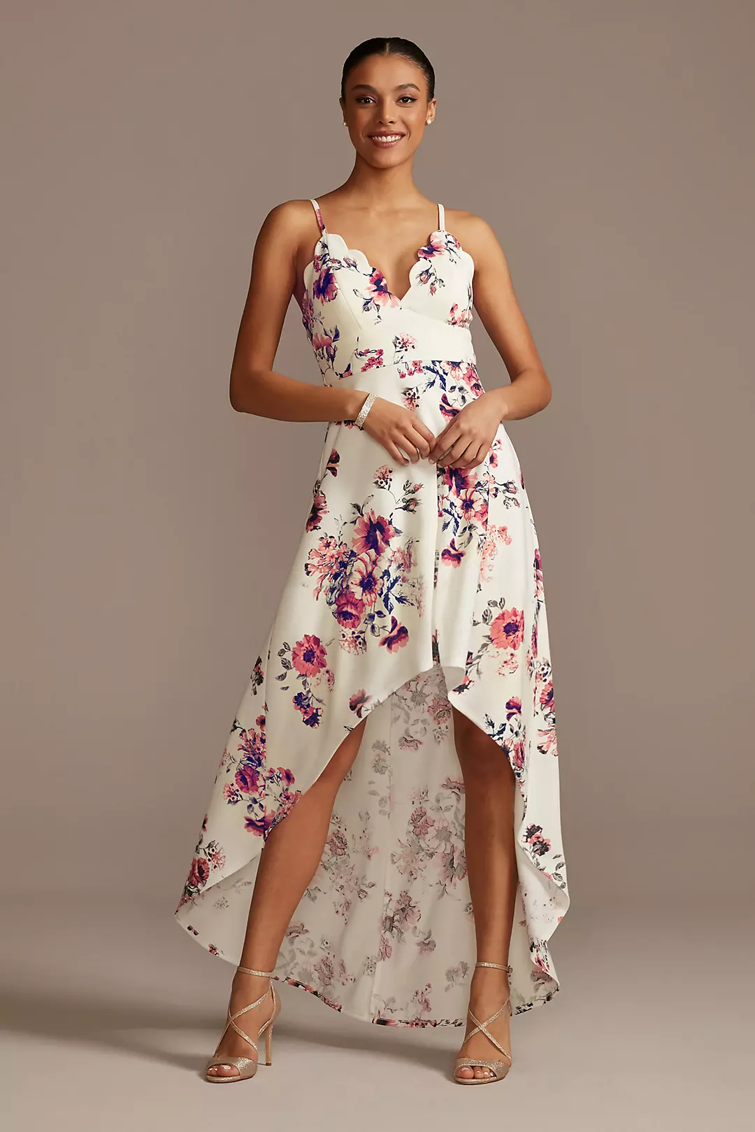 Scalloped Spaghetti Strap High Low Floral Dress Image