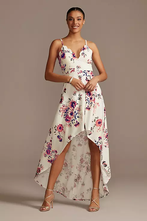 Scalloped Spaghetti Strap High Low Floral Dress Image 1