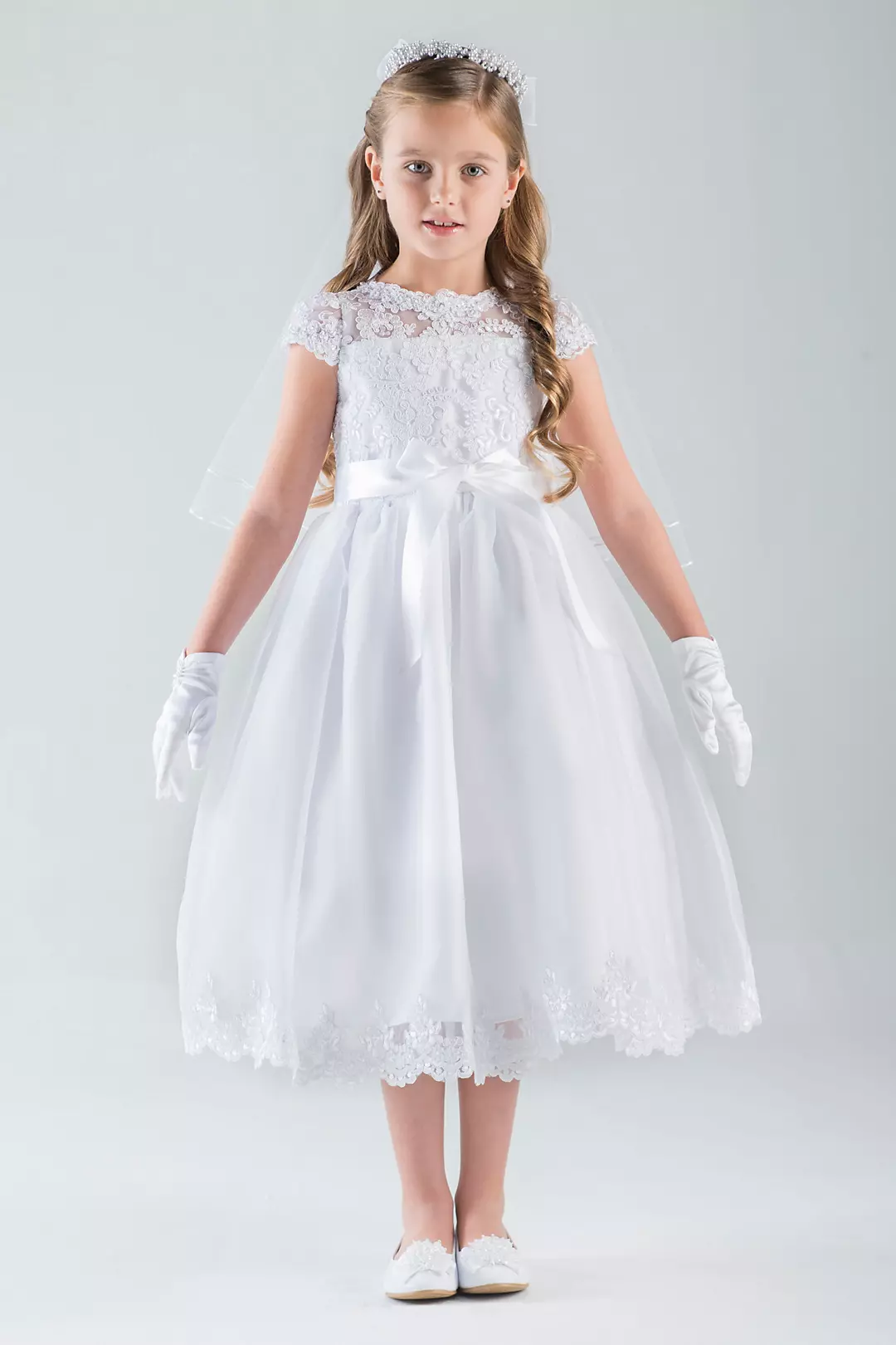 Lace Cap Sleeve Illusion Communion Dress with Bow Image