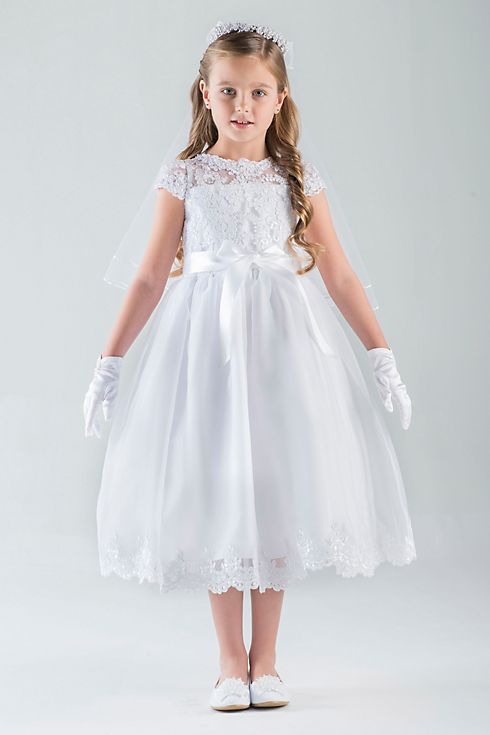 Lace Cap Sleeve Illusion Communion Dress with Bow Image 1