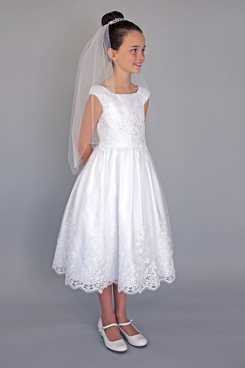 Embroidered Cap Sleeve Tea-Length Communion Dress Image 1