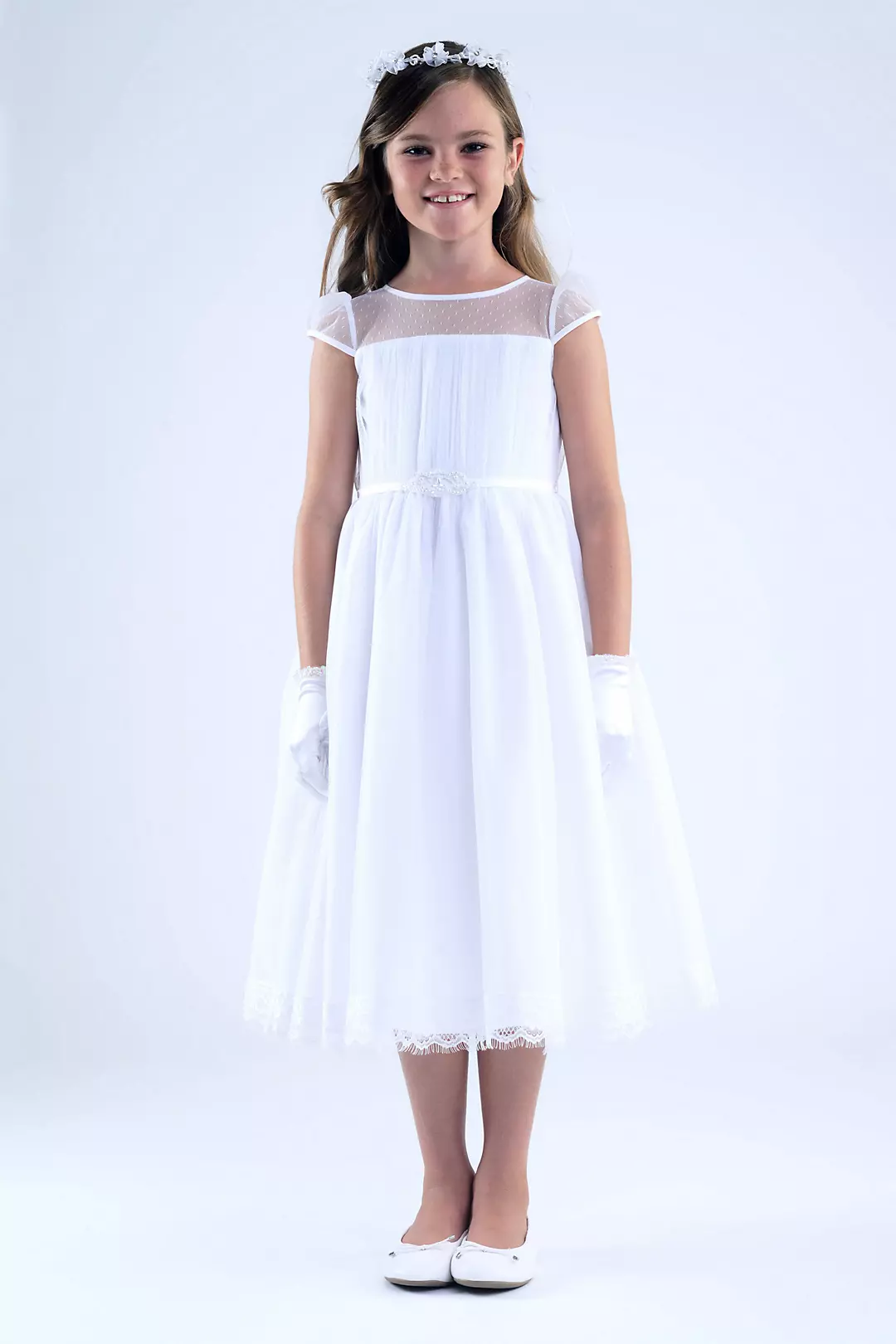 Point D'Esprit Sheer Neck Communion Dress with Bel Image