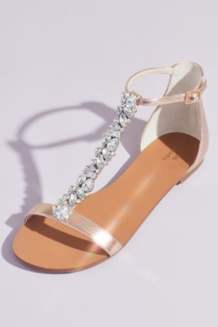Crystal Encrusted T-Strap Metallic Flat Sandals