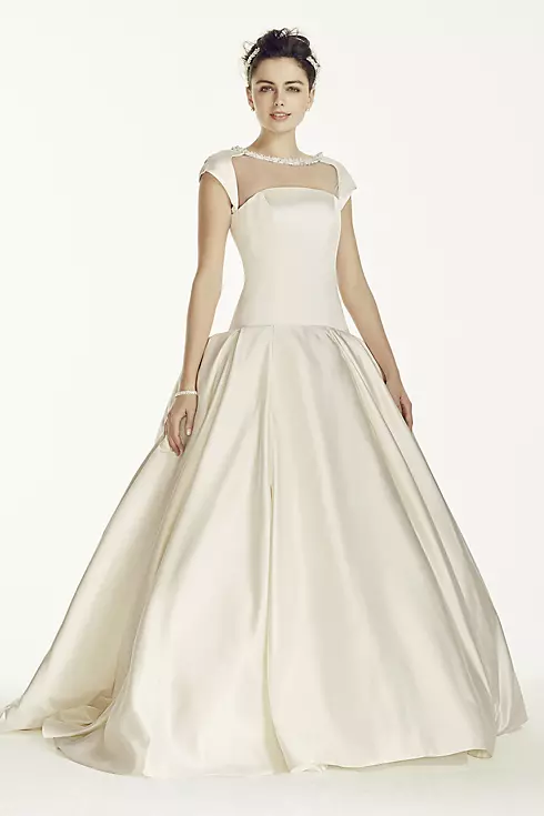 Oleg Cassini Satin Cap Sleeve Beaded Wedding Dress Image 1