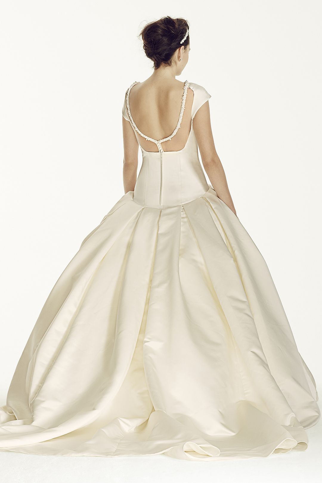 Oleg Cassini Satin Cap Sleeve Beaded Wedding Dress Image 2