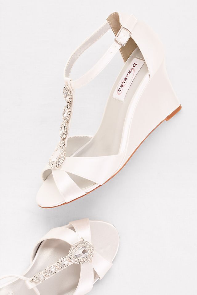 Dyeable Satin T-Strap Wedges with Crystals | David's Bridal