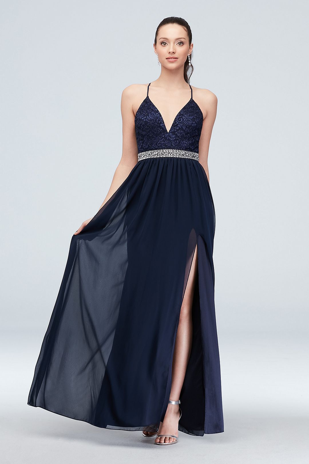 Glittery Lace Deep-V Skinny-Strap Dress with Belt Image 1