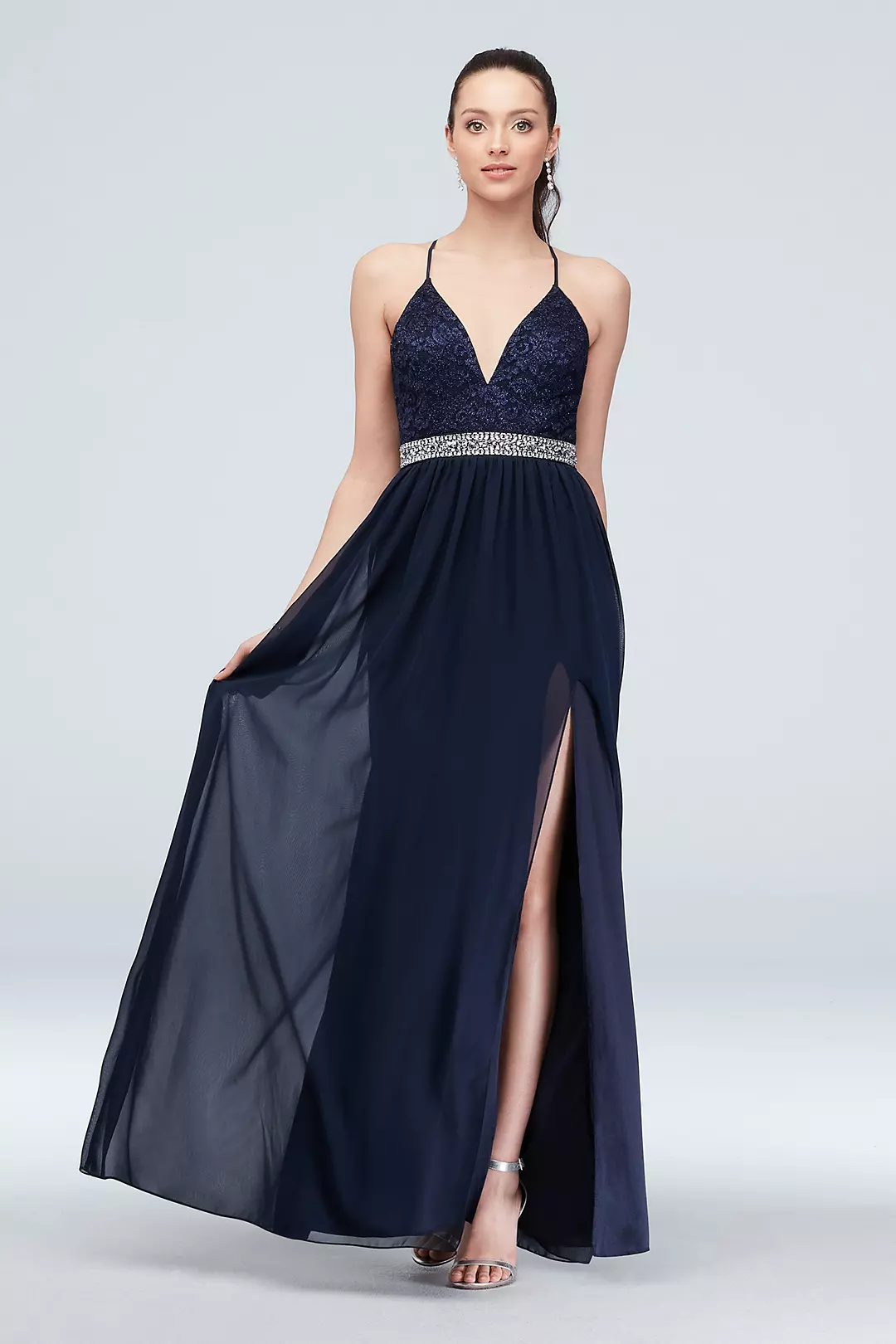 Glittery Lace Deep-V Skinny-Strap Dress with Belt Image