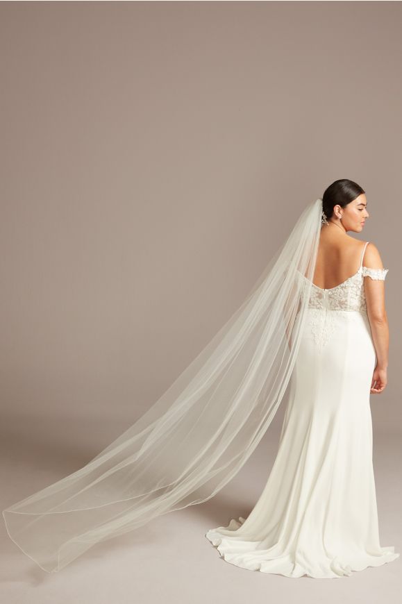 back of bride wearing a wedding dress showing off flowing veil